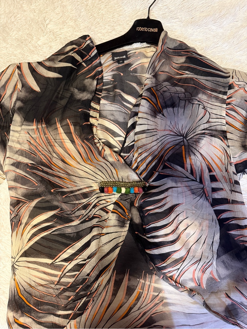Just Cavalli Black Sheer Floral cover up with Multicolor Bead Detail